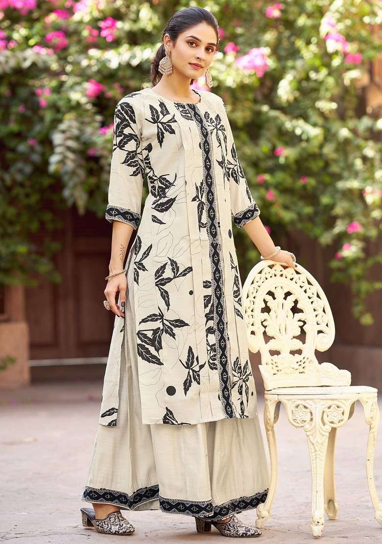 Cream Embroidered Poly Blended Kurta Sets - Indya
