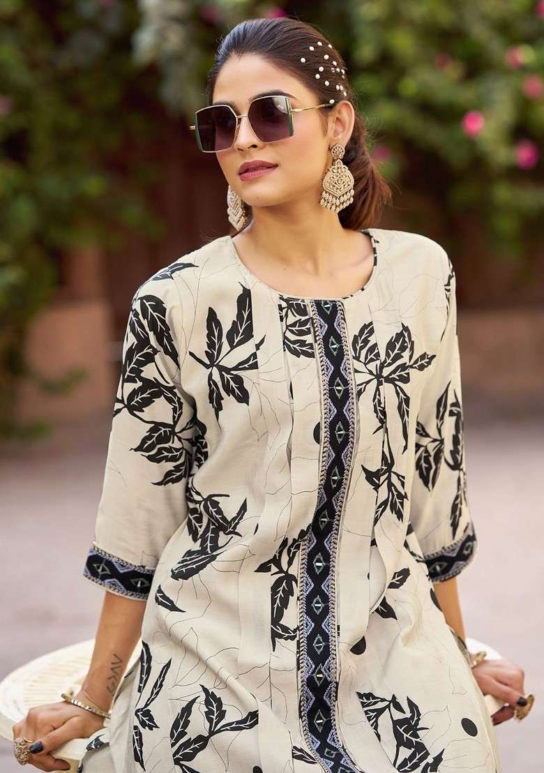 Cream Embroidered Poly Blended Kurta Sets - Indya