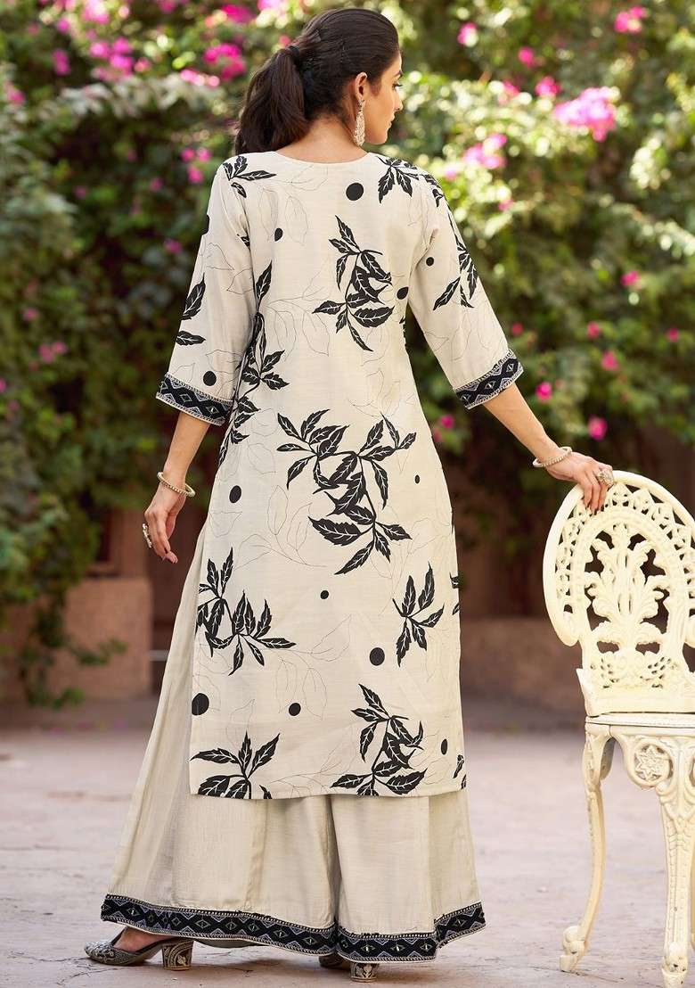 Cream Embroidered Poly Blended Kurta Sets - Indya