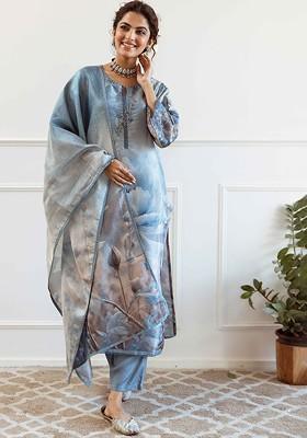Blue Embroidered Poly Blended Kurta Sets