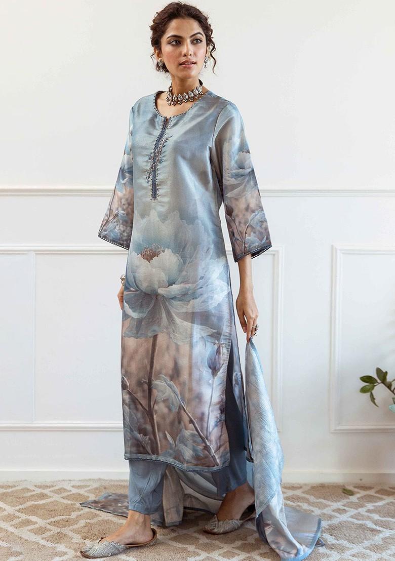 Blue Embroidered Poly Blended Kurta Sets - Indya