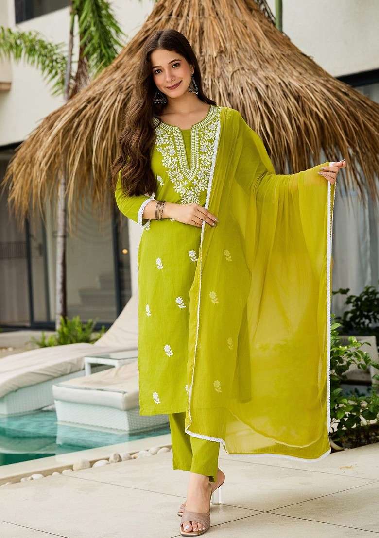 Lime Green Embroidered Poly Blended Kurta Sets - Indya