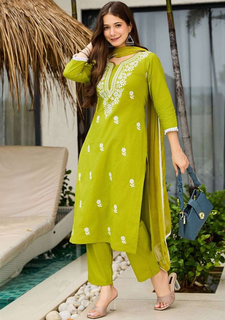 Lime Green Embroidered Poly Blended Kurta Sets - Indya