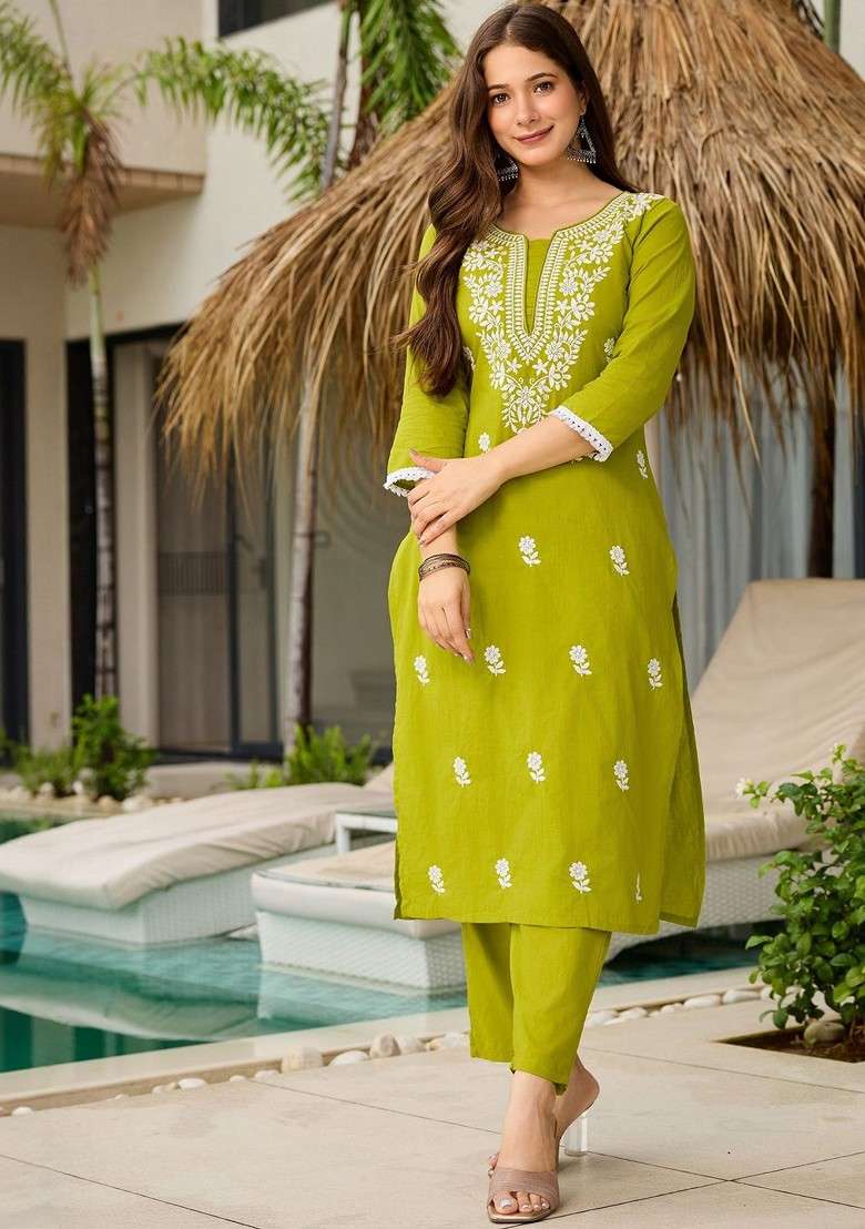 Lime Green Embroidered Poly Blended Kurta Sets - Indya