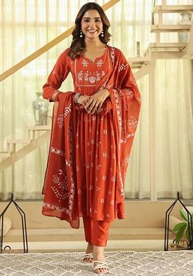 Orange Embroidered Poly Blended Kurta Sets
