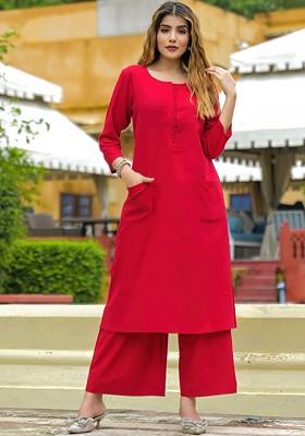 Red Embroidered Poly Blended Kurta Sets