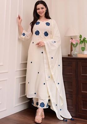 Cream Embroidered Poly Blended Kurta Sets