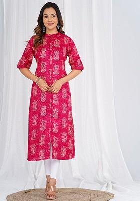 Pink Embroidered Poly Blended Kurtas