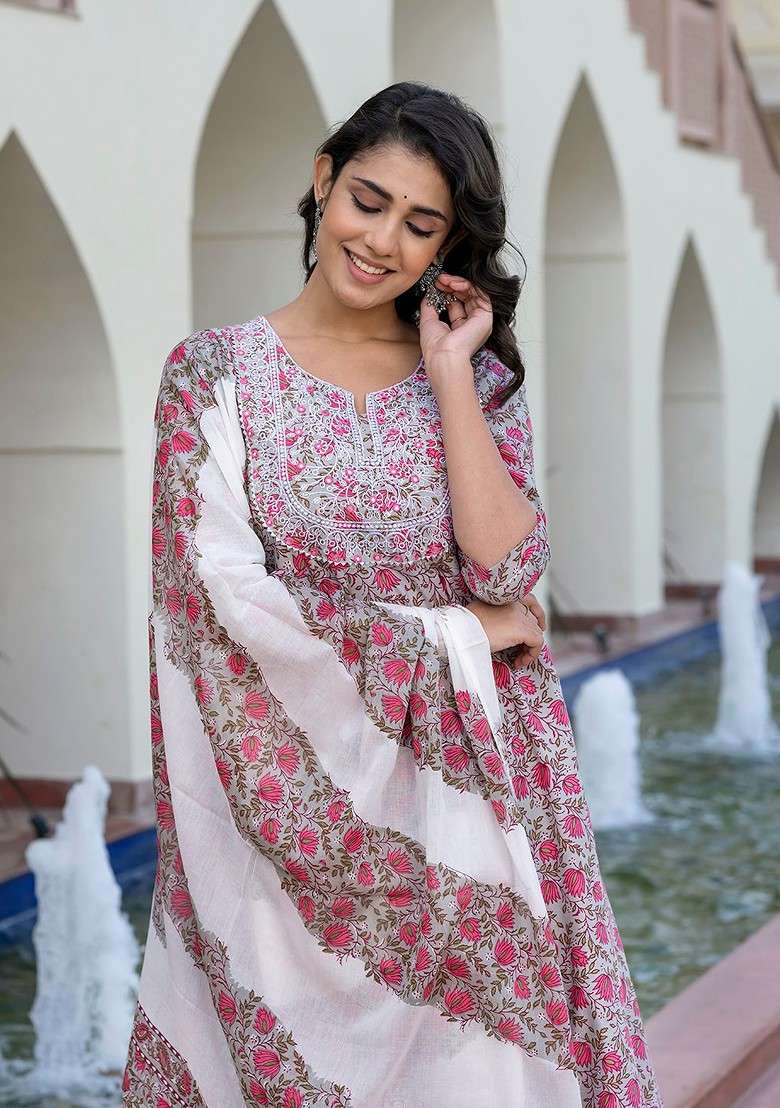 Grey Embroidered Poly Blended Kurta Sets - Indya