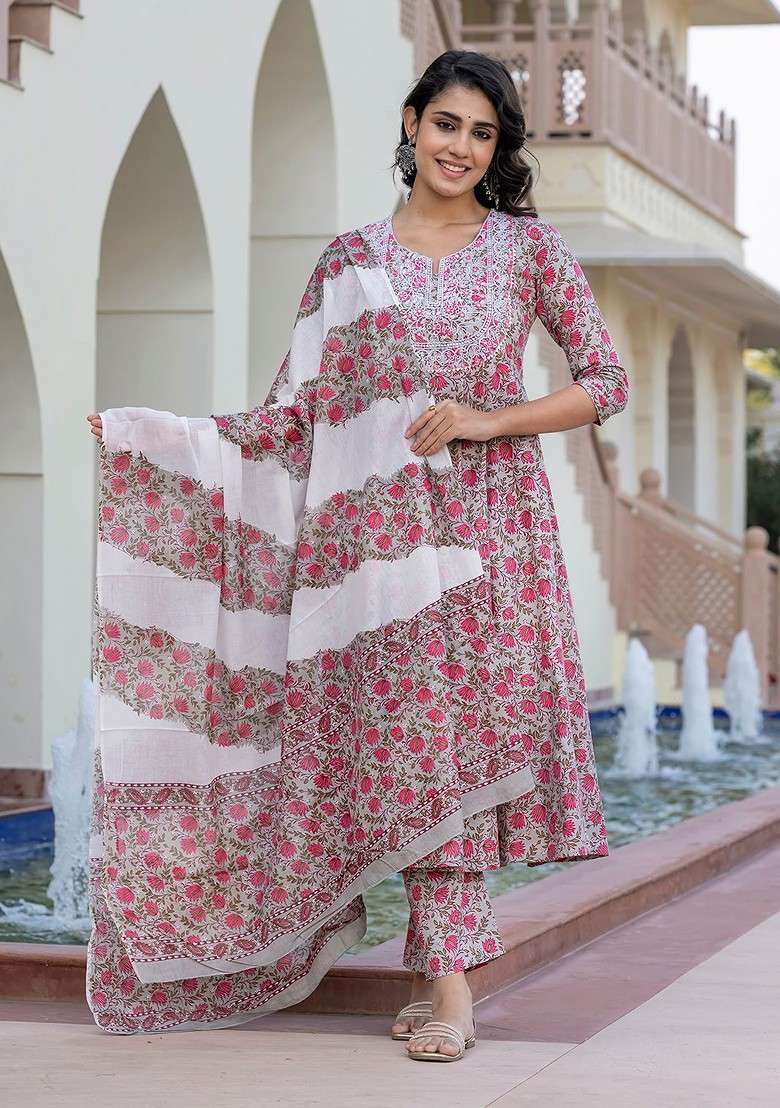 Grey Embroidered Poly Blended Kurta Sets - Indya