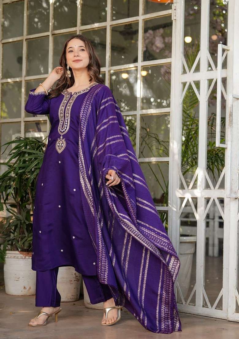 Purple Embroidered Poly Blended Kurta Sets - Indya