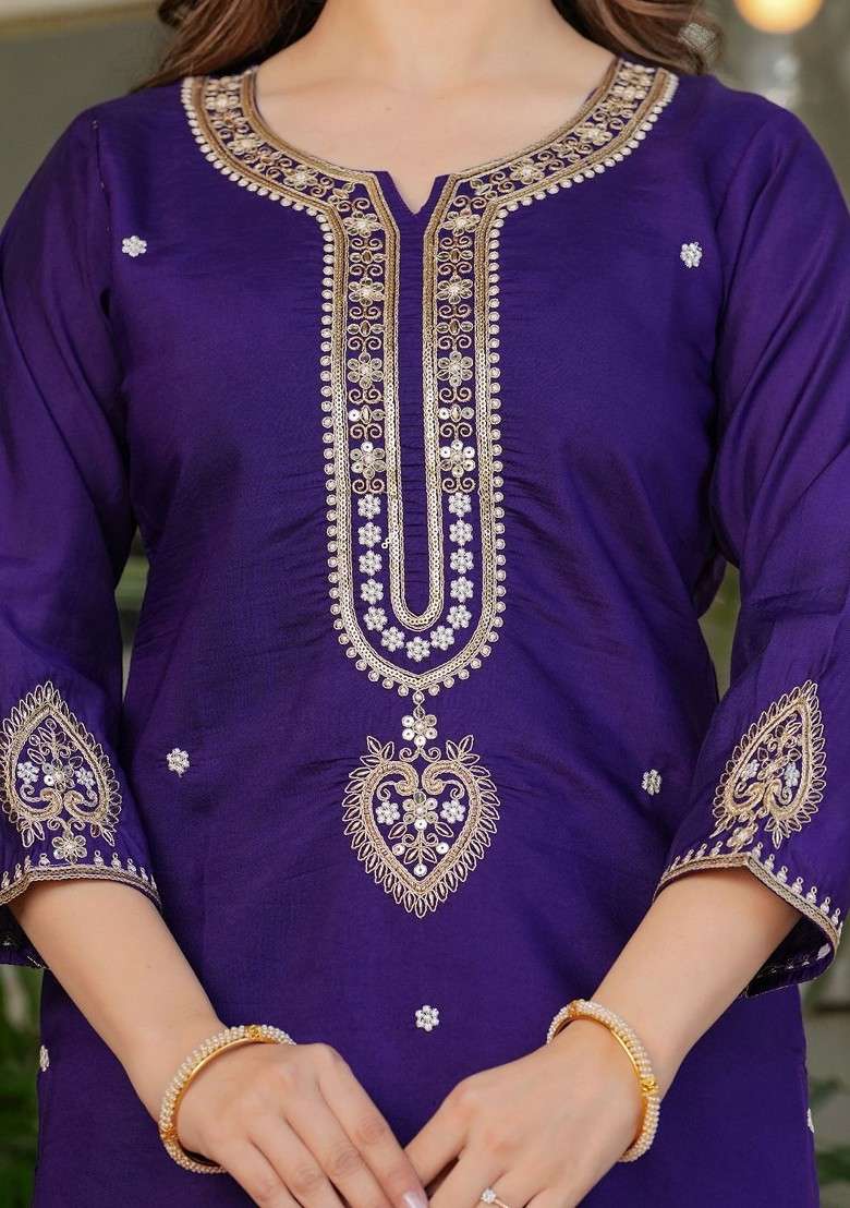 Purple Embroidered Poly Blended Kurta Sets - Indya