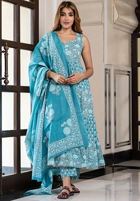 Blue Embroidered Poly Blended Kurta Sets
