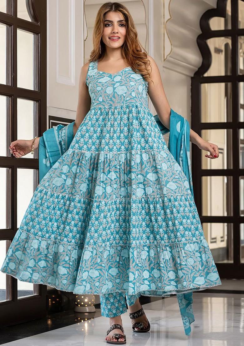 Blue Embroidered Poly Blended Kurta Sets - Indya