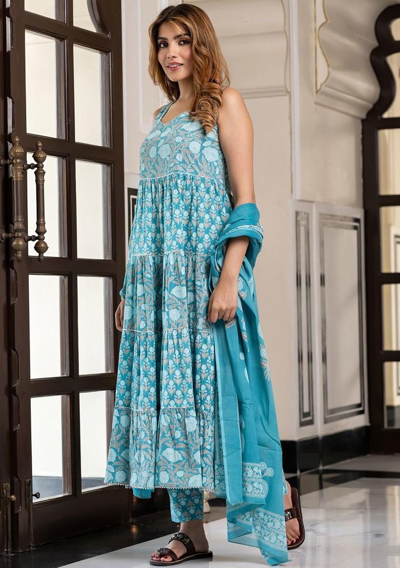 Blue Embroidered Poly Blended Kurta Sets - Indya
