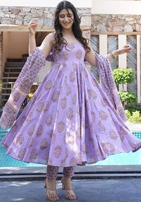 Purple Embroidered Poly Blended Kurta Sets