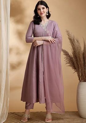 Lavender Embroidered Poly Blended Kurta Sets