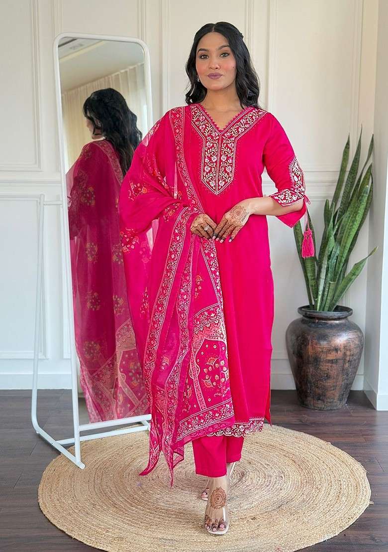 Pink Embroidered Poly Blended Kurta Sets - Indya