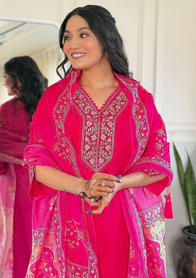 Pink Embroidered Poly Blended Kurta Sets - Indya