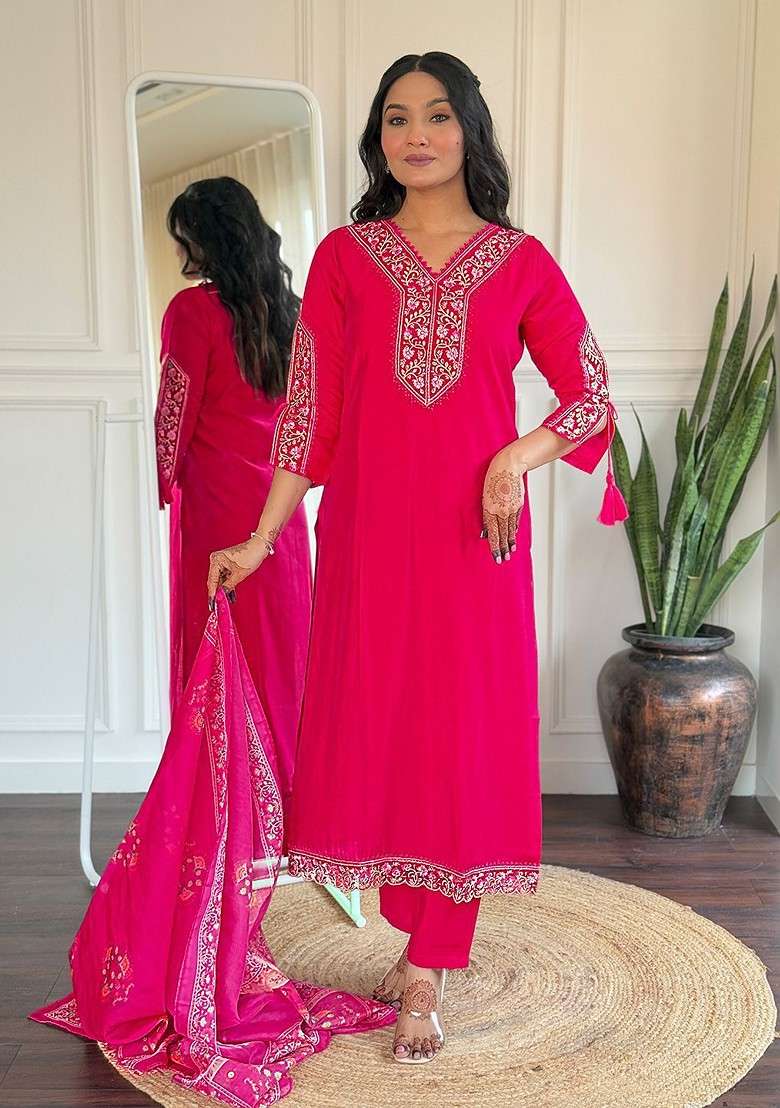 Pink Embroidered Poly Blended Kurta Sets - Indya
