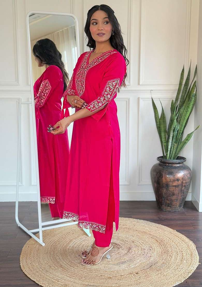 Pink Embroidered Poly Blended Kurta Sets - Indya