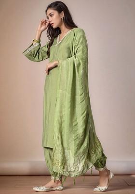 Green Embroidered Poly Blended Kurta Sets