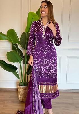 Purple Embroidered Poly Blended Kurta Sets