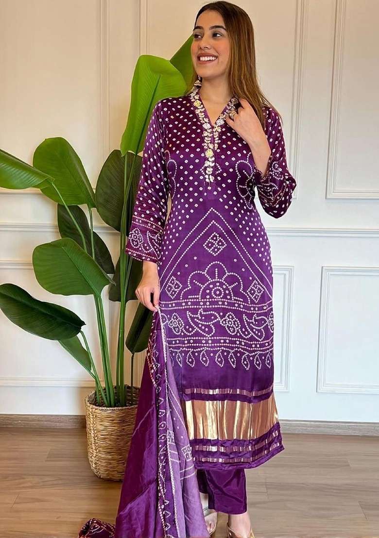 Purple Embroidered Poly Blended Kurta Sets - Indya