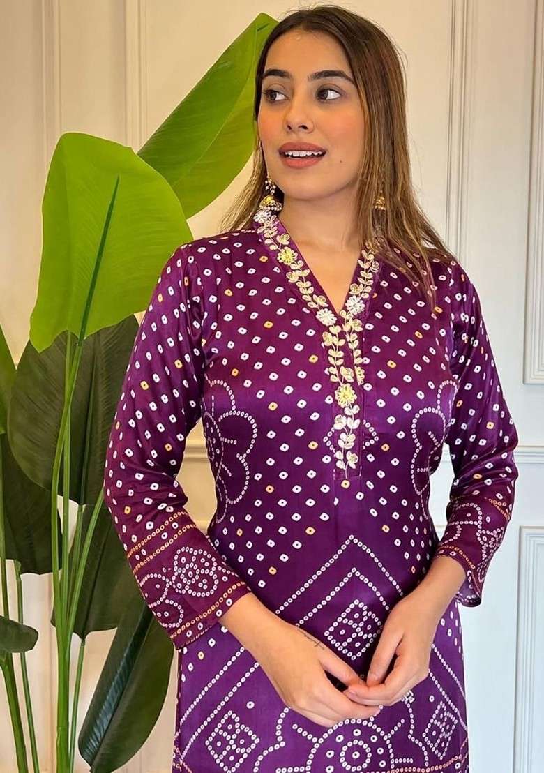 Purple Embroidered Poly Blended Kurta Sets - Indya