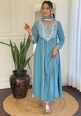 Turquoise Blue Embroidered Poly Blended Kurta Sets