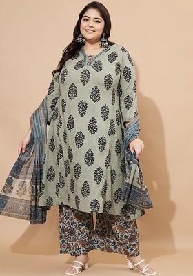 Grey Embroidered Poly Blended Kurta Sets