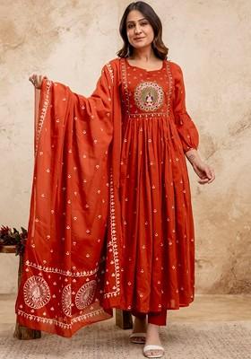 Rust Embroidered Poly Blended Kurta Sets