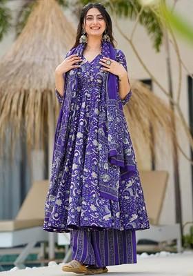 Purple Embroidered Poly Blended Kurta Sets