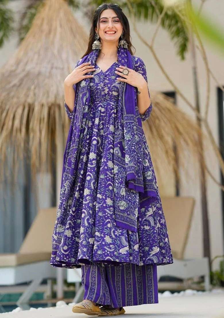Purple Embroidered Poly Blended Kurta Sets - Indya