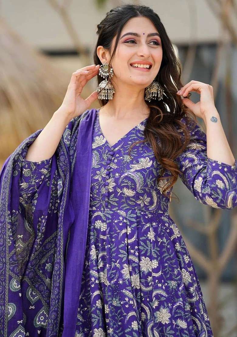 Purple Embroidered Poly Blended Kurta Sets - Indya