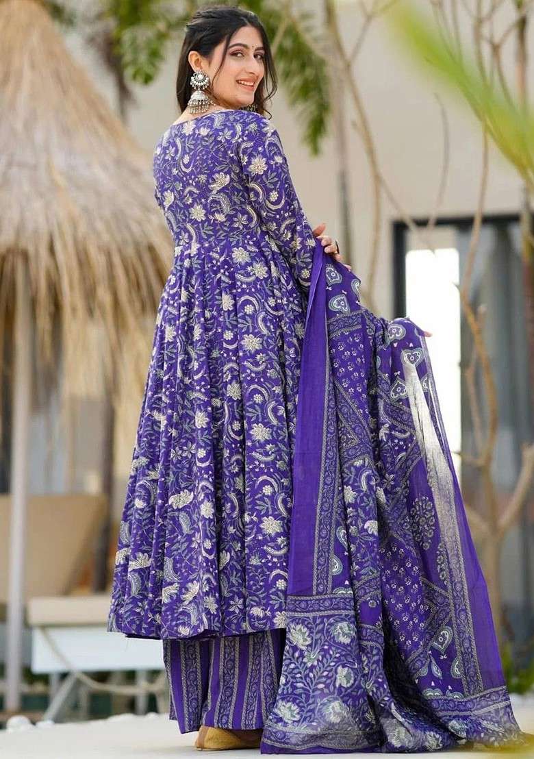 Purple Embroidered Poly Blended Kurta Sets - Indya