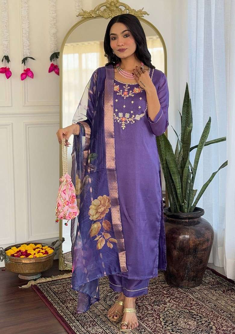 Purple Embroidered Poly Blended Kurta Sets - Indya