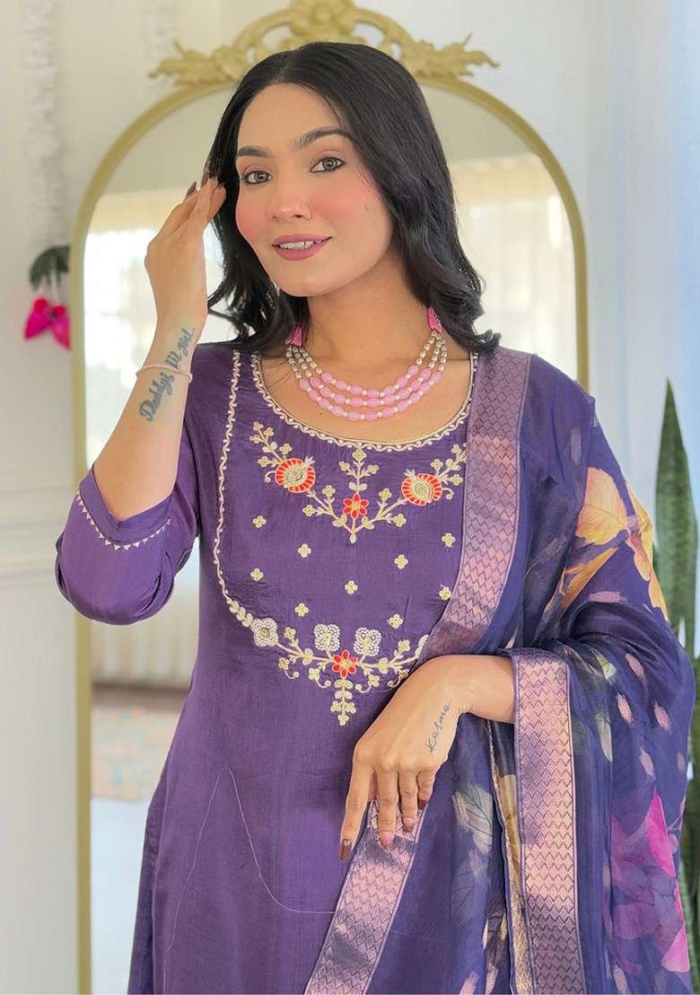 Purple Embroidered Poly Blended Kurta Sets - Indya
