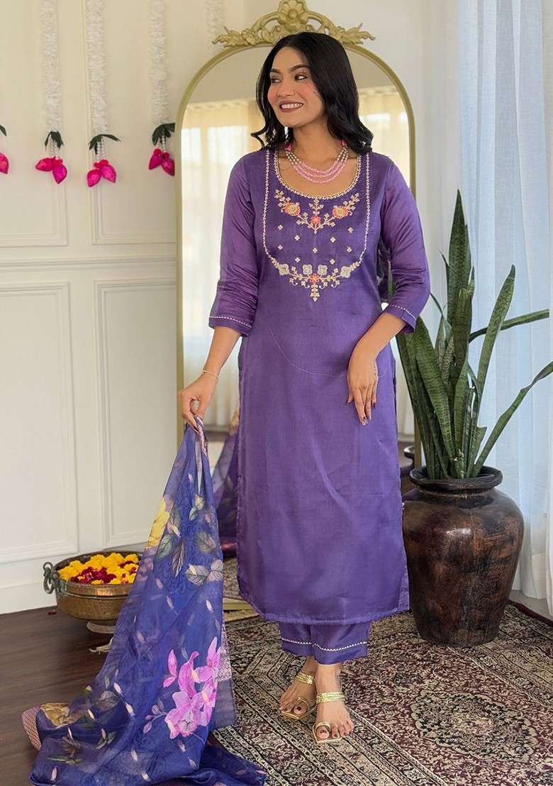 Purple Embroidered Poly Blended Kurta Sets - Indya