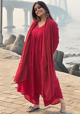 Red Embroidered Poly Blended Kurta Sets