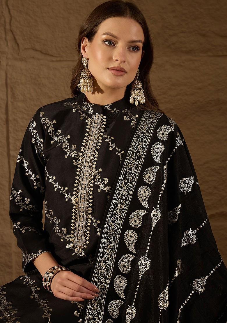 Black Embroidered Poly Blended Kurta Sets - Indya