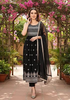 Black Embroidered Poly Blended Kurta Sets