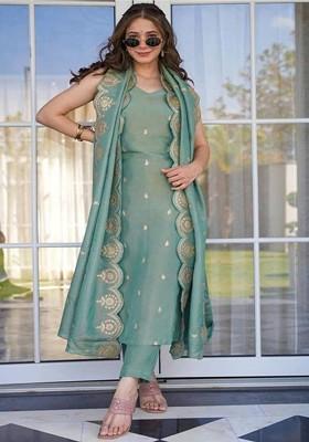 Turquoise Blue Embroidered Poly Blended Kurta Sets