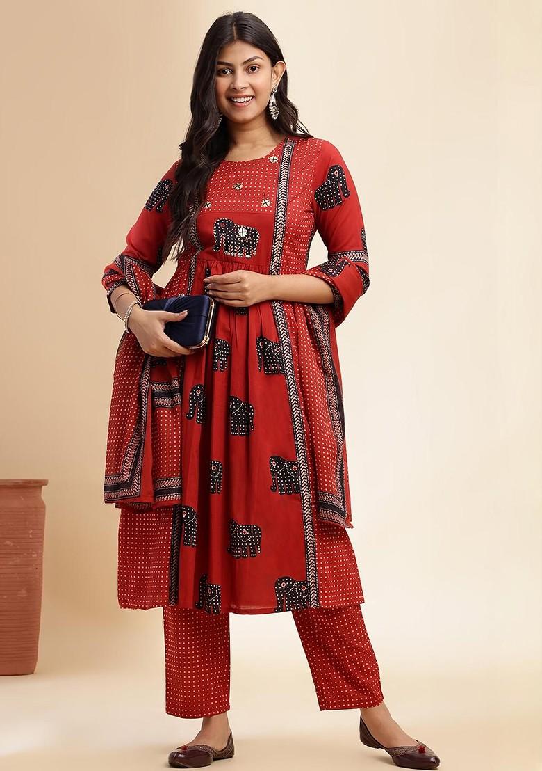 Maroon Embroidered Poly Blended Kurta Sets - Indya