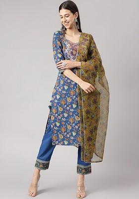 Blue Embroidered Poly Blended Kurta Sets