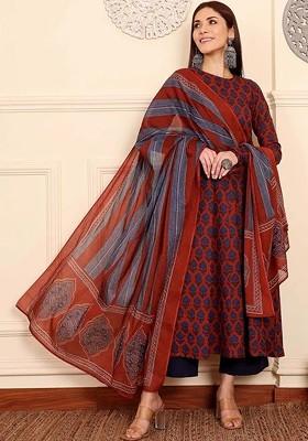 Navy Blue Embroidered Poly Blended Kurta Sets