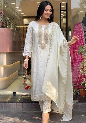 Cream Embroidered Poly Blended Kurta Sets