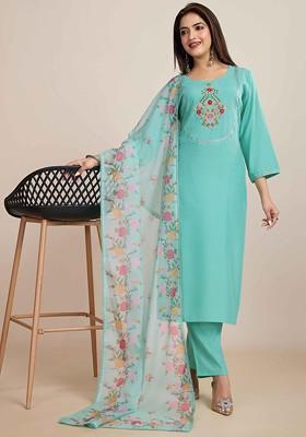 Turquoise Blue Embroidered Poly Blended Kurta Sets