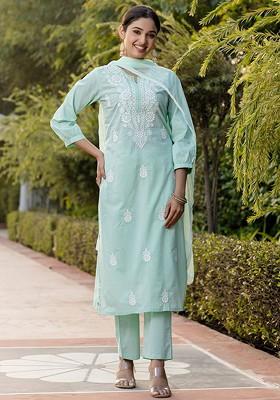 Turquoise Blue Embroidered Poly Blended Kurta Sets