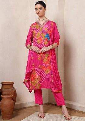 Pink Embroidered Poly Blended Kurta Sets